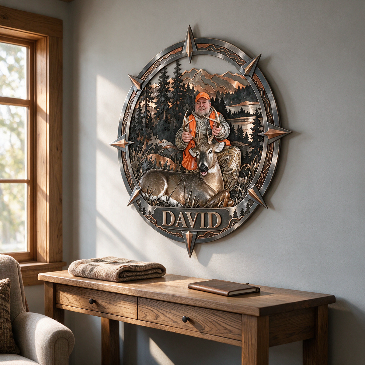 Personalisierte 3D Metall Wandkunst für Jagdfans - Kompassrahmen Geschenk für ältere Männer