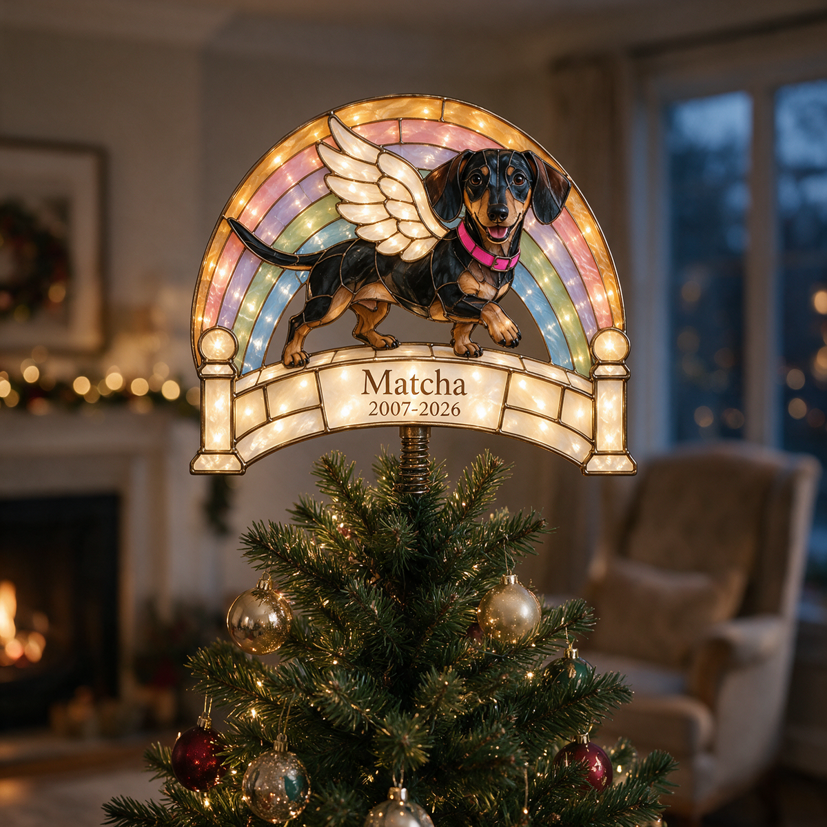 Personalisierter Hundegedenk-Rainbow Bridge Weihnachtsbaumspitze