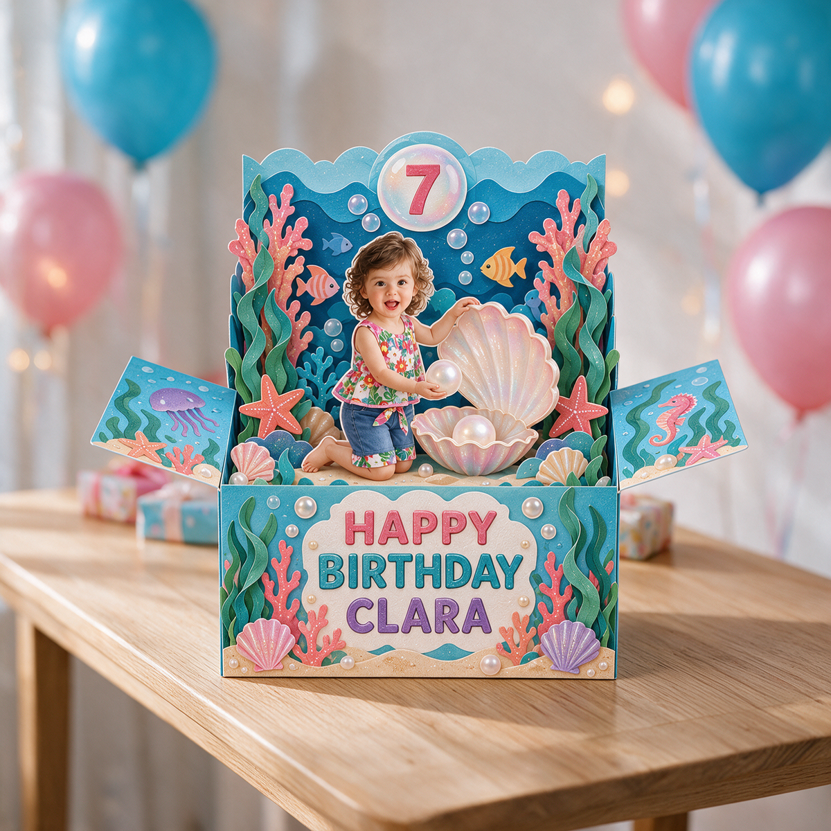 Carte Pop-Up Personnalisée Sous-Marine - Cadeau d'Anniversaire Coquillage et Perle avec Photo, Nom et Âge Personnalisés