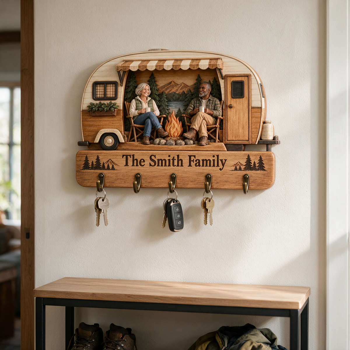 Personalized Camping Key Rack - Camper Shape with 5 Hooks