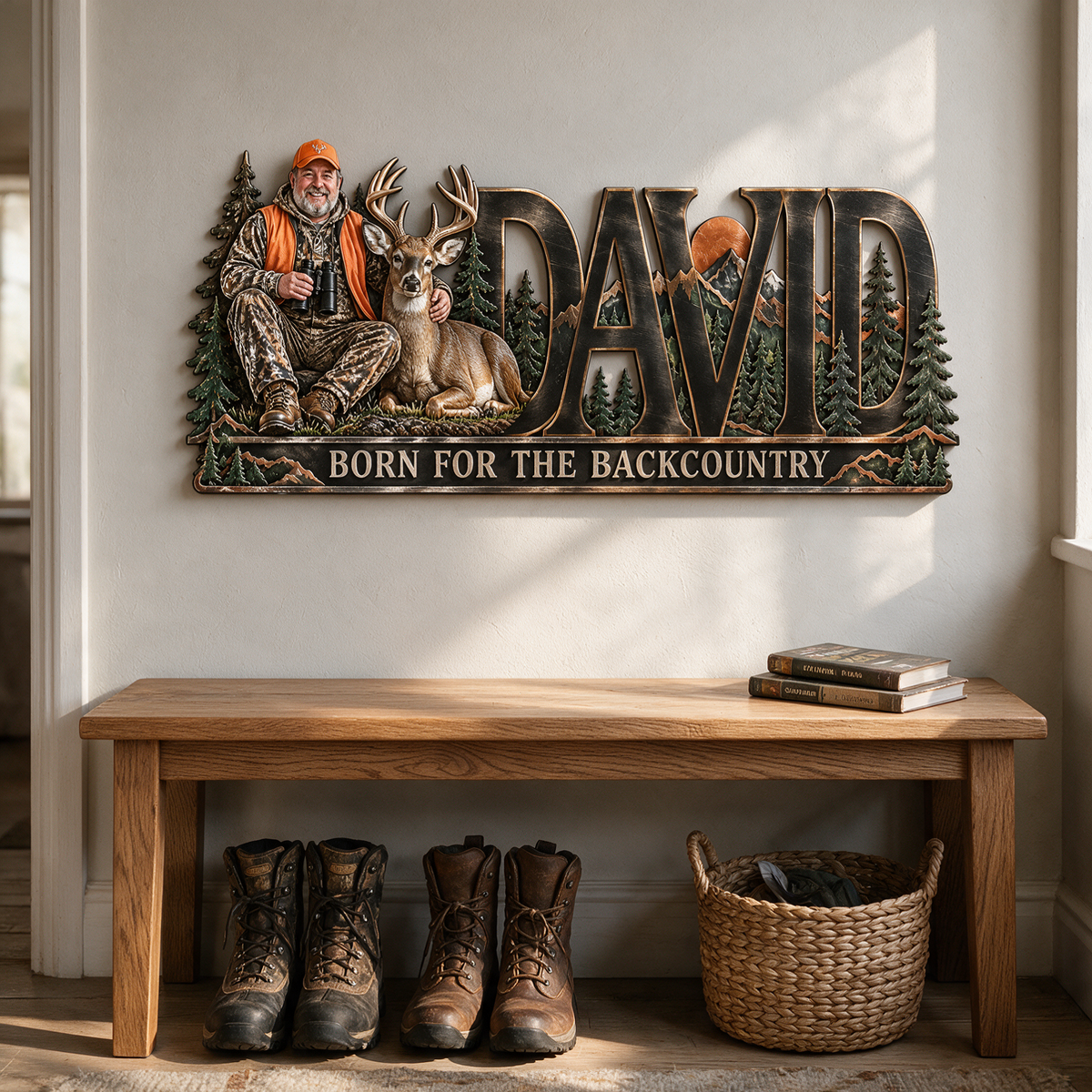 Plaque Métallique Personnalisée de Chasse - Art Mural Photo et Nom avec Design Forêt et Montagne