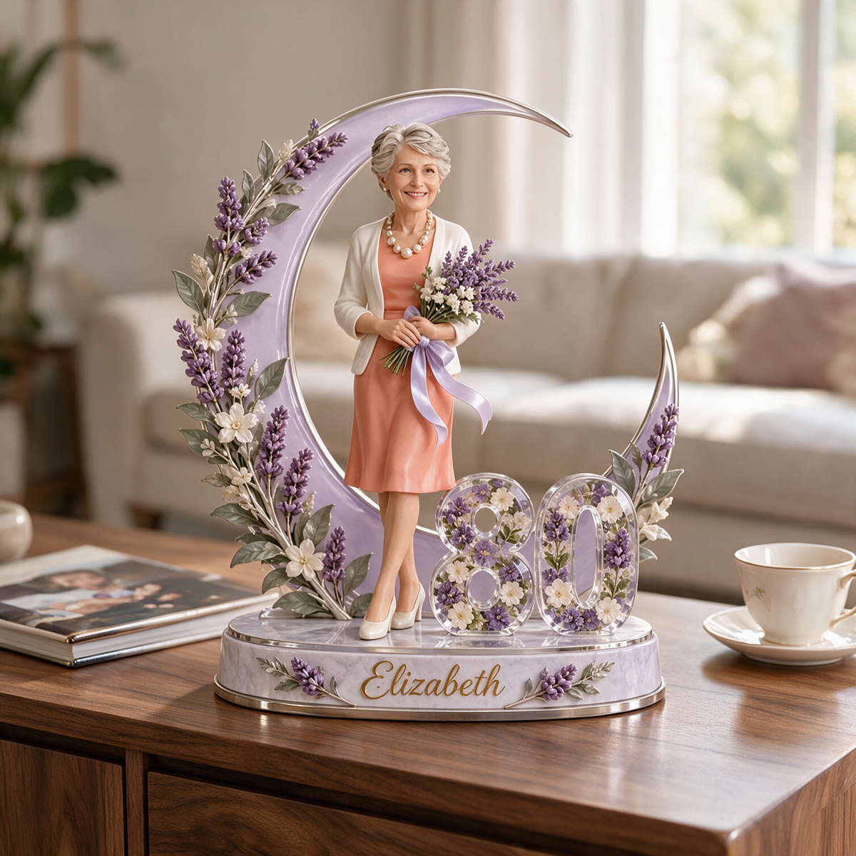 Figurine d'anniversaire personnalisée - Portrait sur mesure, cadeau souvenir Lune Lavande