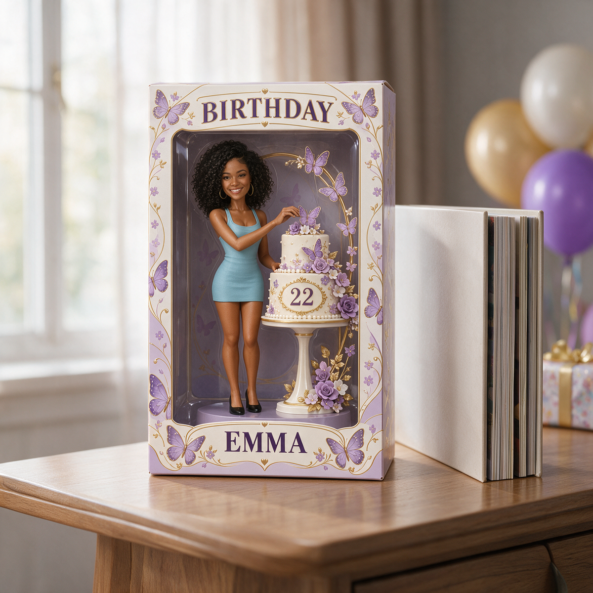 Boîte d'Affichage d'Anniversaire Personnalisée - Figurine Portrait avec Gâteau Papillon, Nom et Âge