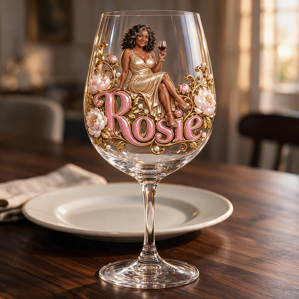 Personalized Custom Photo Peony Wine Glass - Gift for Older Women