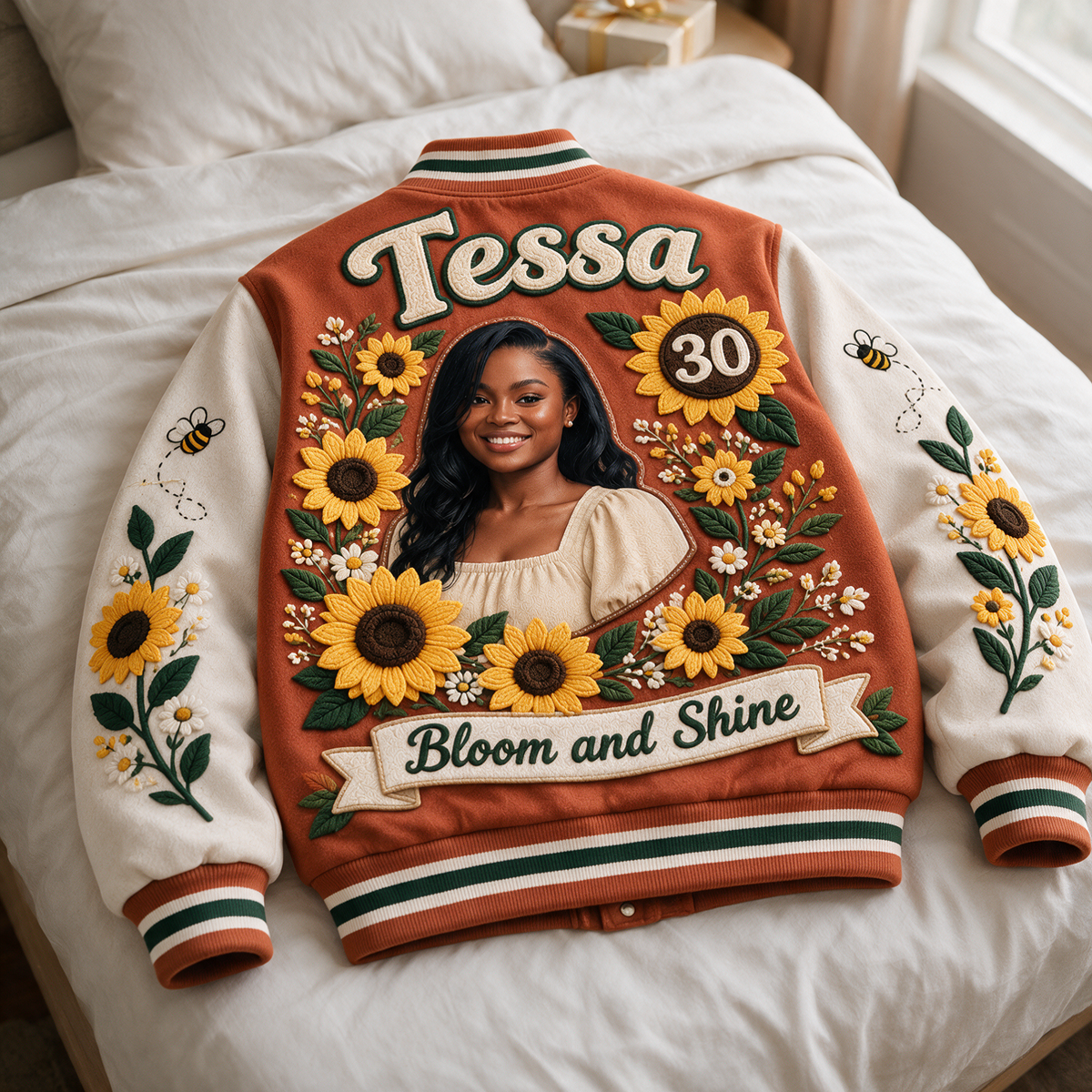 Veste Varsity Tournesol Personnalisée - Portrait Photo d'Anniversaire