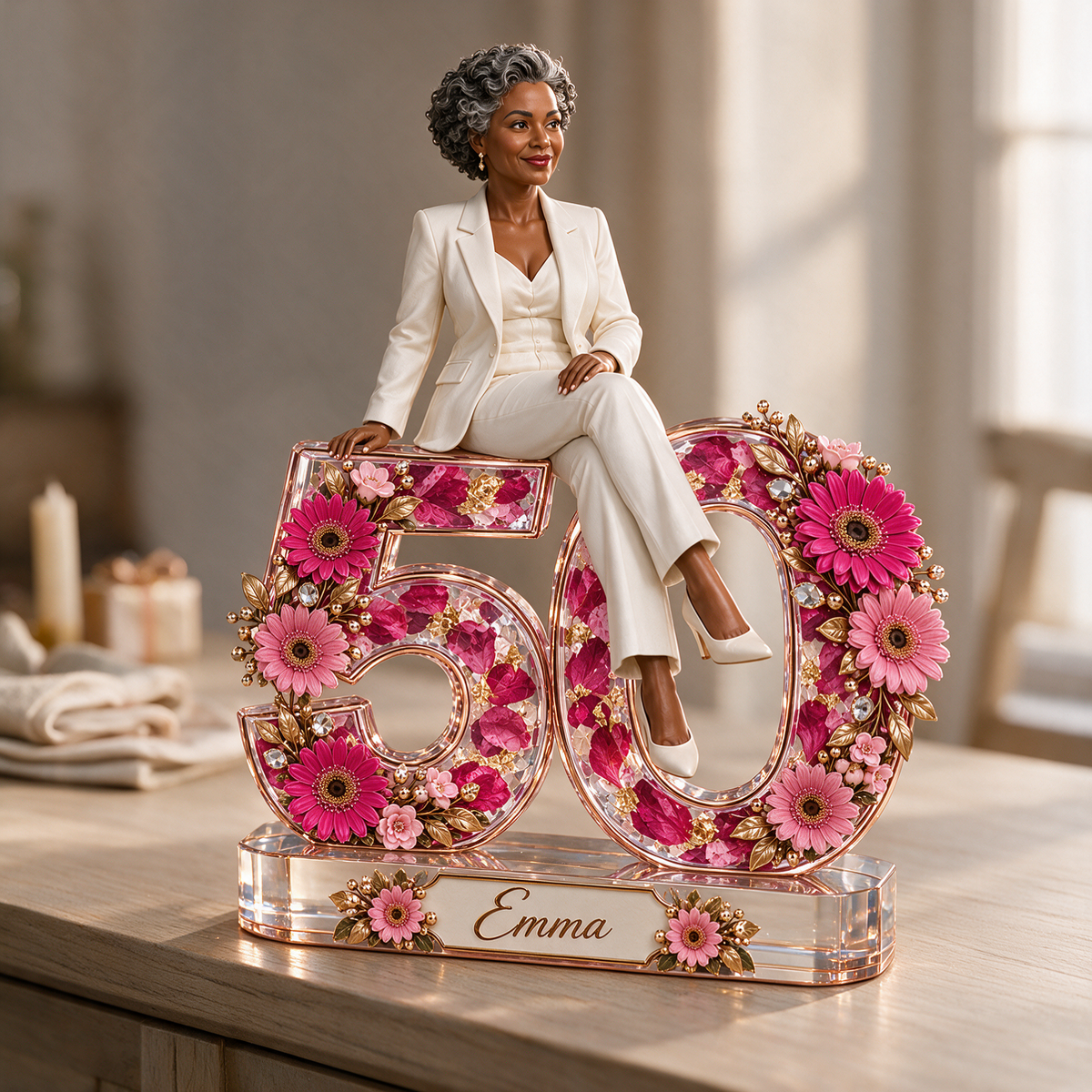 Personalized Custom Photo Pink Gerbera Custom Shaped Acrylic Plaque - 50th Birthday Gift for Women