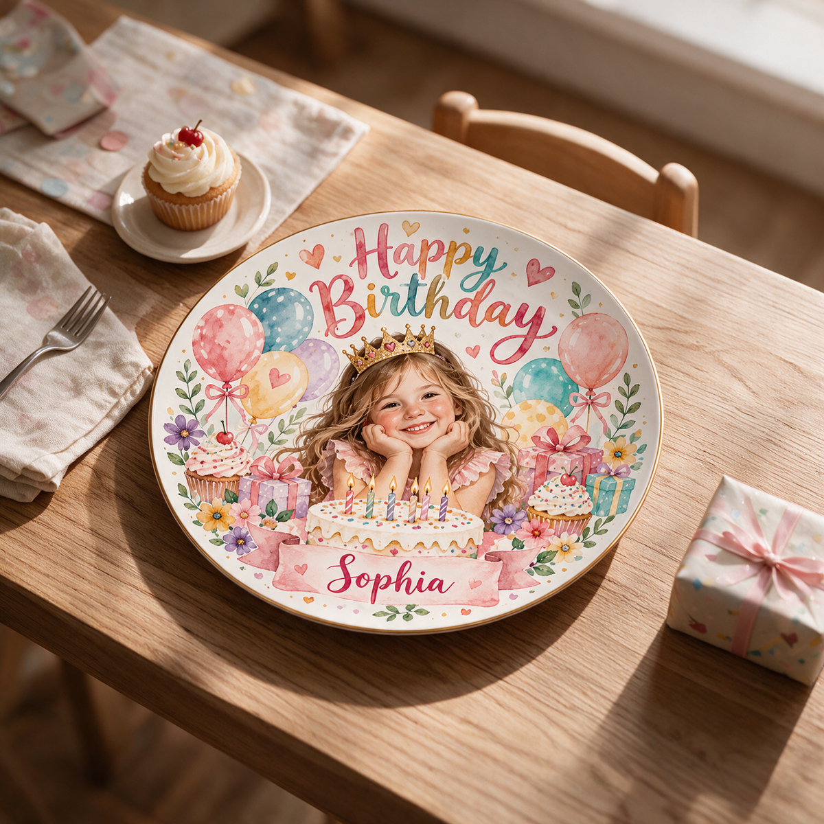 Personalized Colorful Birthday Ceramic Plate - Watercolor Portrait, Custom Name and Age