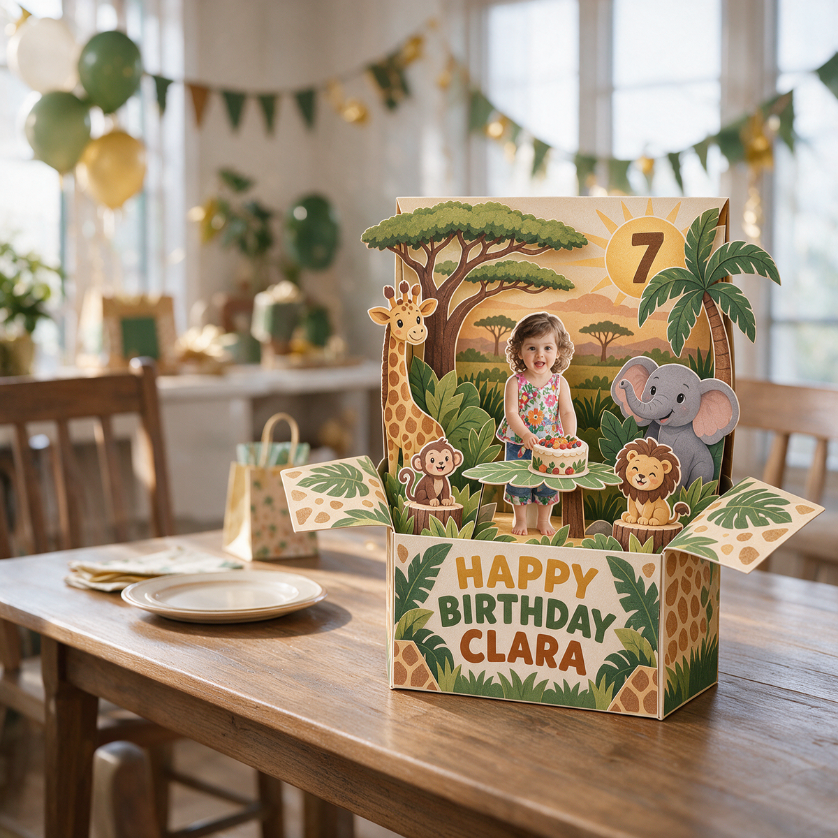 Carte Pop Up d'Anniversaire Safari Personnalisée - Photo, Nom et Âge