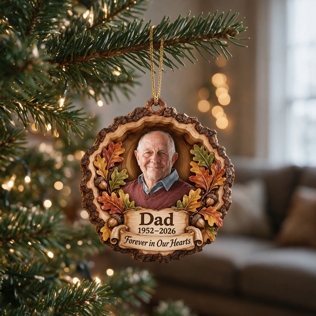 Personalized Custom Photo Dad Memorial Oak Leaf Layered Wood Ornament - Christmas Remembrance Keepsake
