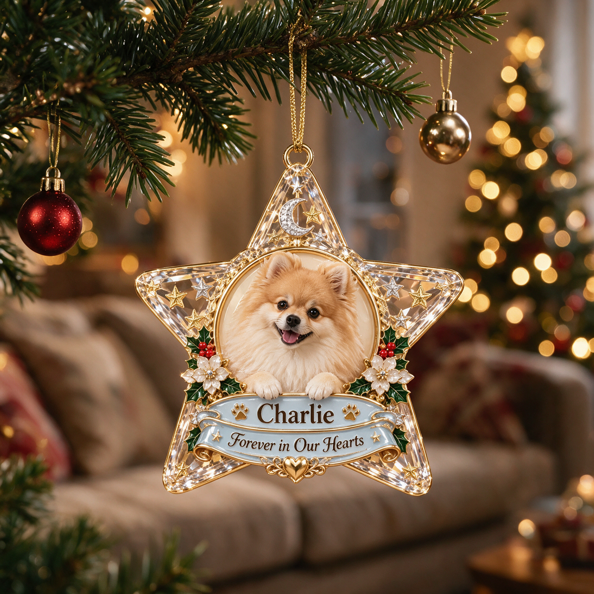 Personalized Custom Photo Pomeranian Memorial 3D Star Ornament - Christmas Dog Lover Gift