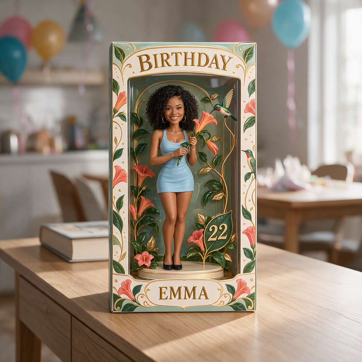 Boîte d'Affichage d'Anniversaire Personnalisée - Figurine Portrait avec Colibri, Nom et Âge