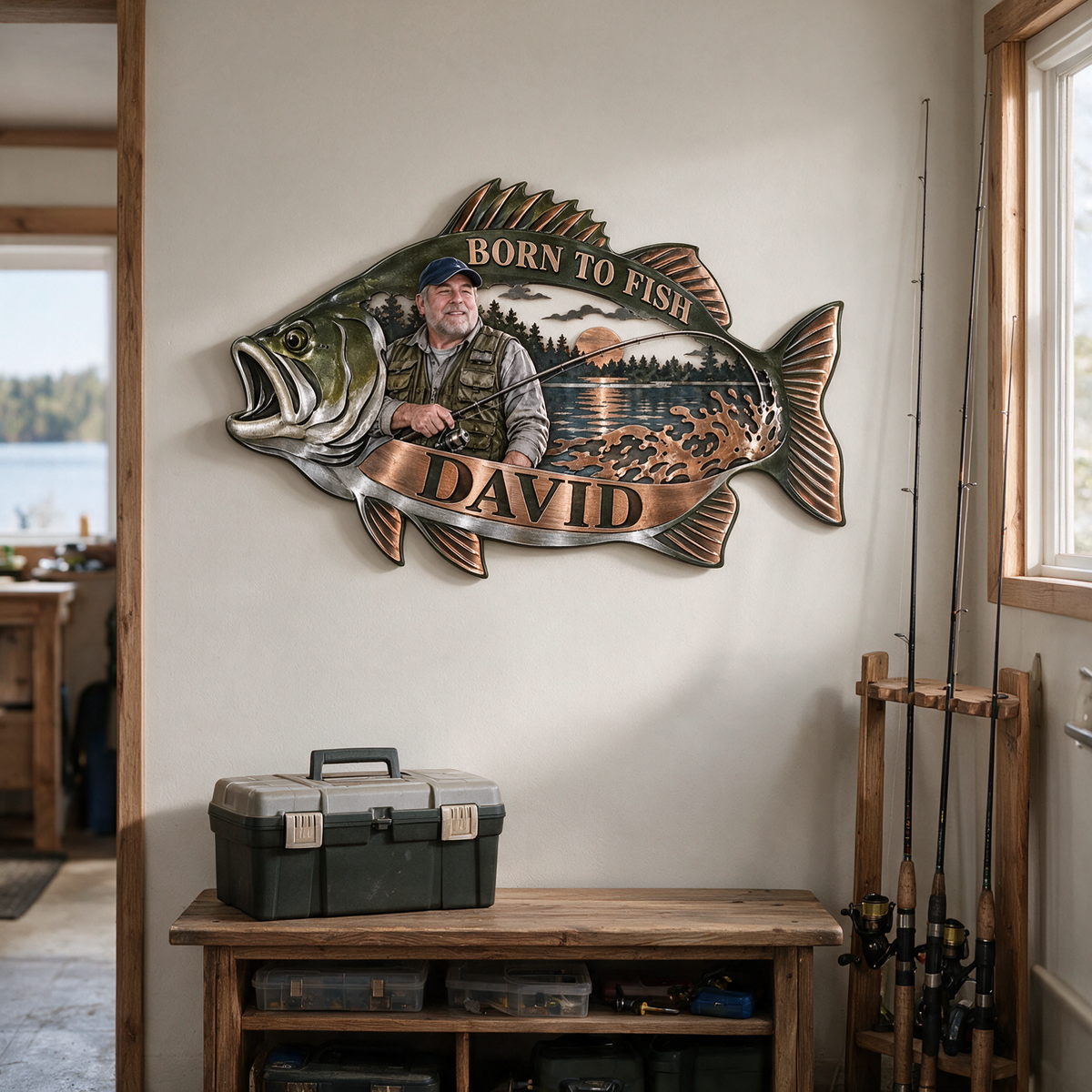 Art mural en métal de pêche personnalisé - Portrait et nom sur mesure, décoration murale de pêcheur
