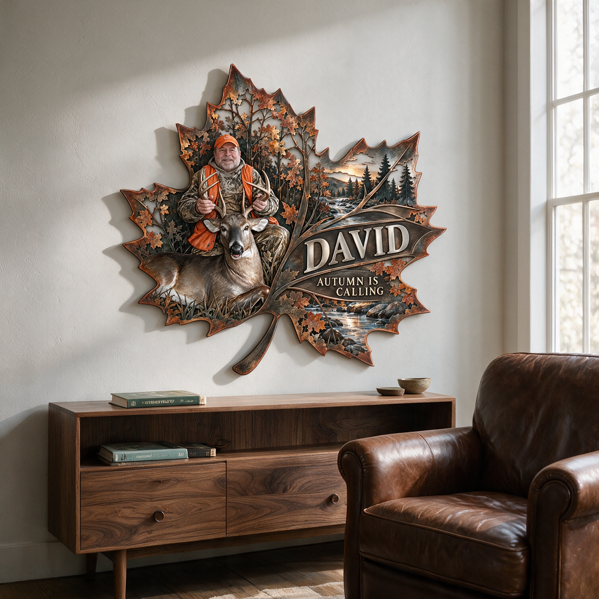 Personalisierte Jagd Metall-Schild - Herbst-Ahornblatt Wandkunst mit Foto, Name und Text