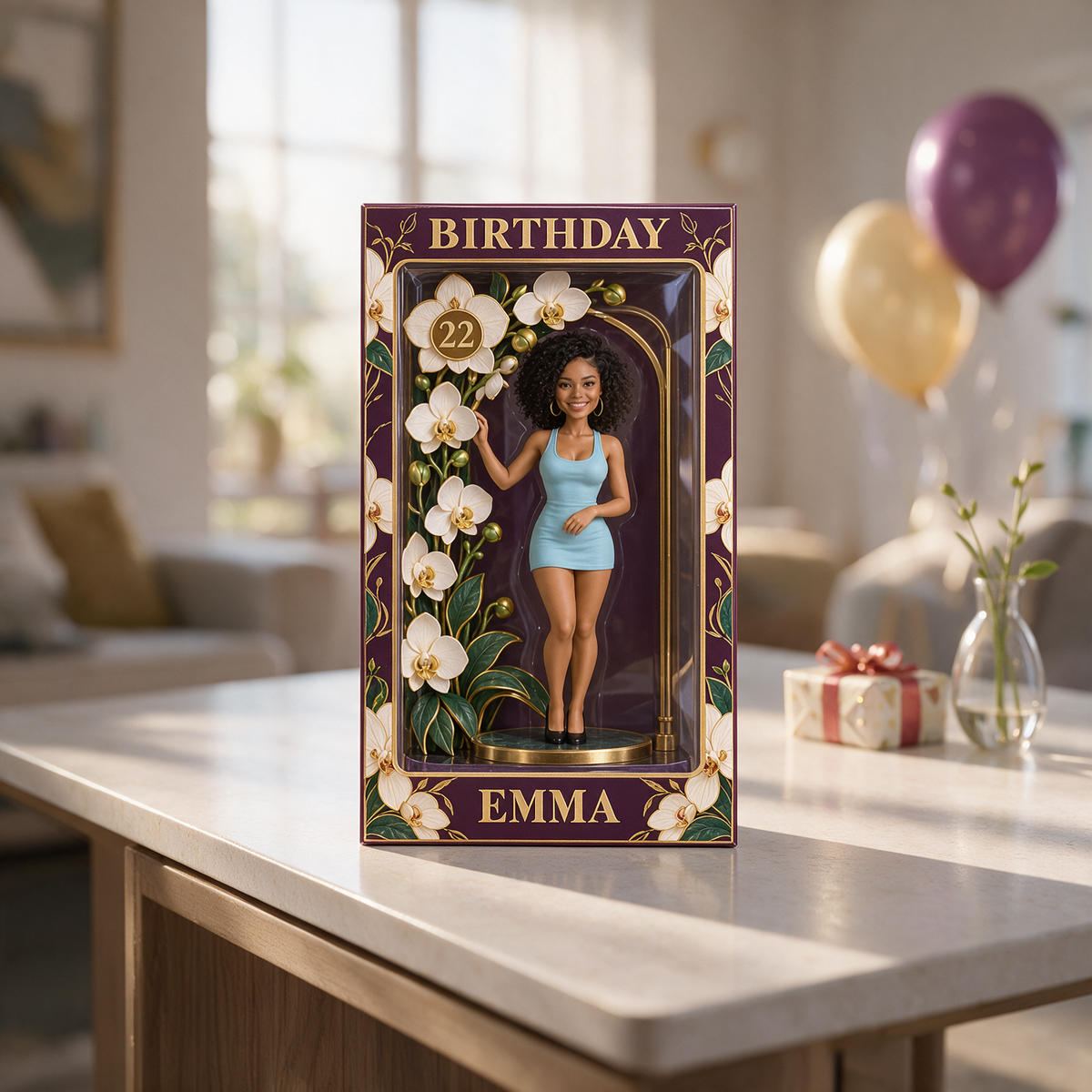 Boîte d'Affichage d'Orchidée Personnalisée pour Anniversaire - Figurine Portrait Photo avec Nom et Âge