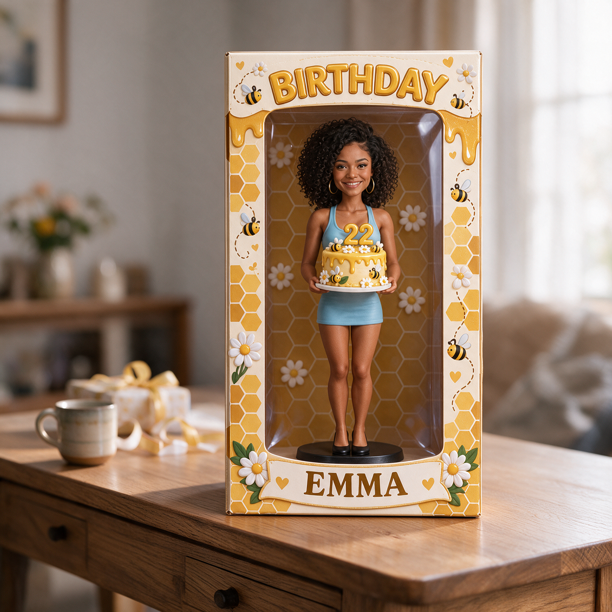 Boîte d'Affichage d'Anniversaire Personnalisée - Figurine Portrait, Gâteau Abeille, Nom et Âge
