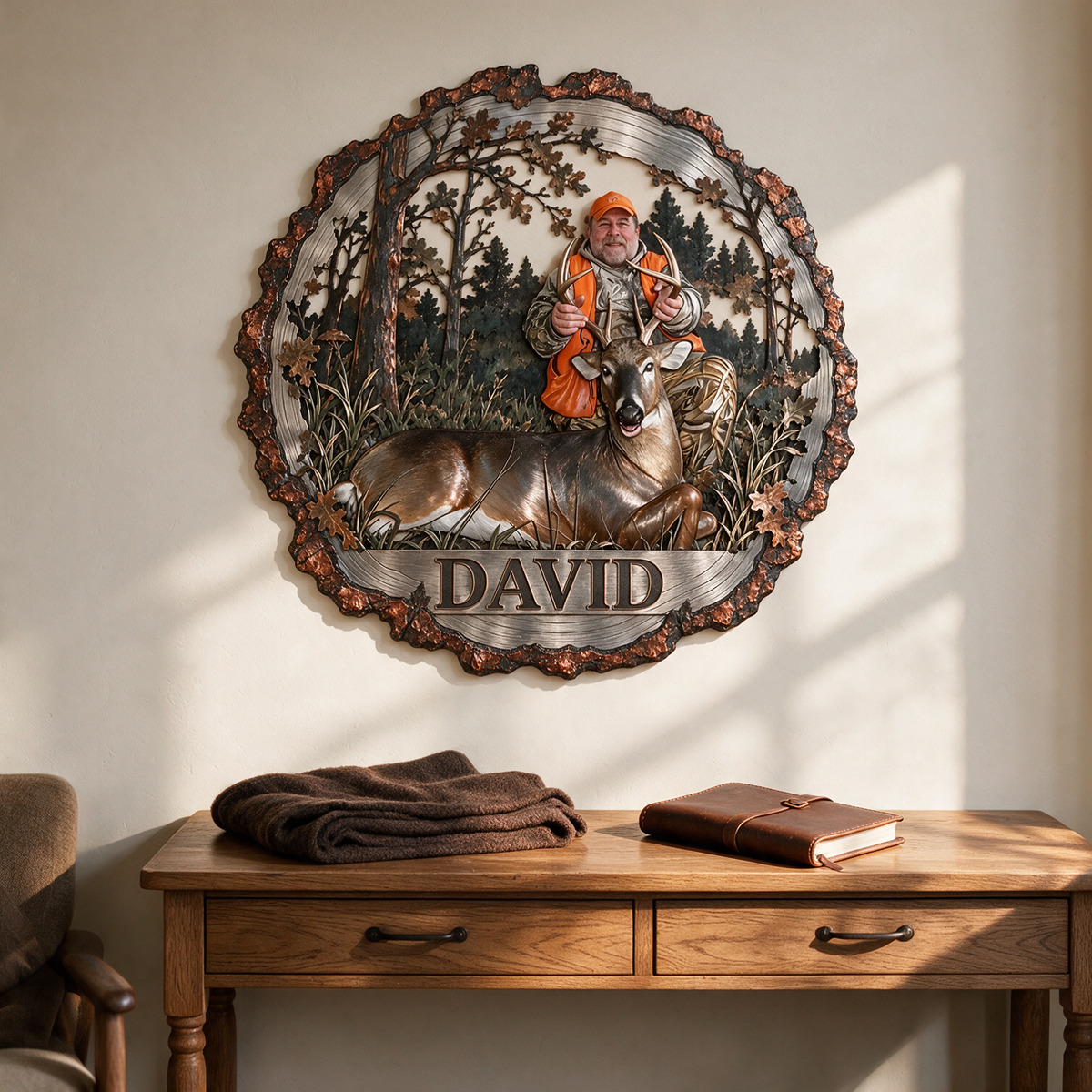 Personalized Custom Photo Deer Hunting 3D Metal Wall Art - Rustic Tree Border Gift for Older Men