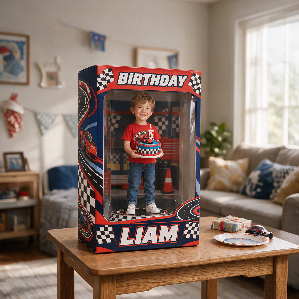 Personalized Custom Photo Race Car Acrylic Display Box - 5th Birthday Gift for Boys