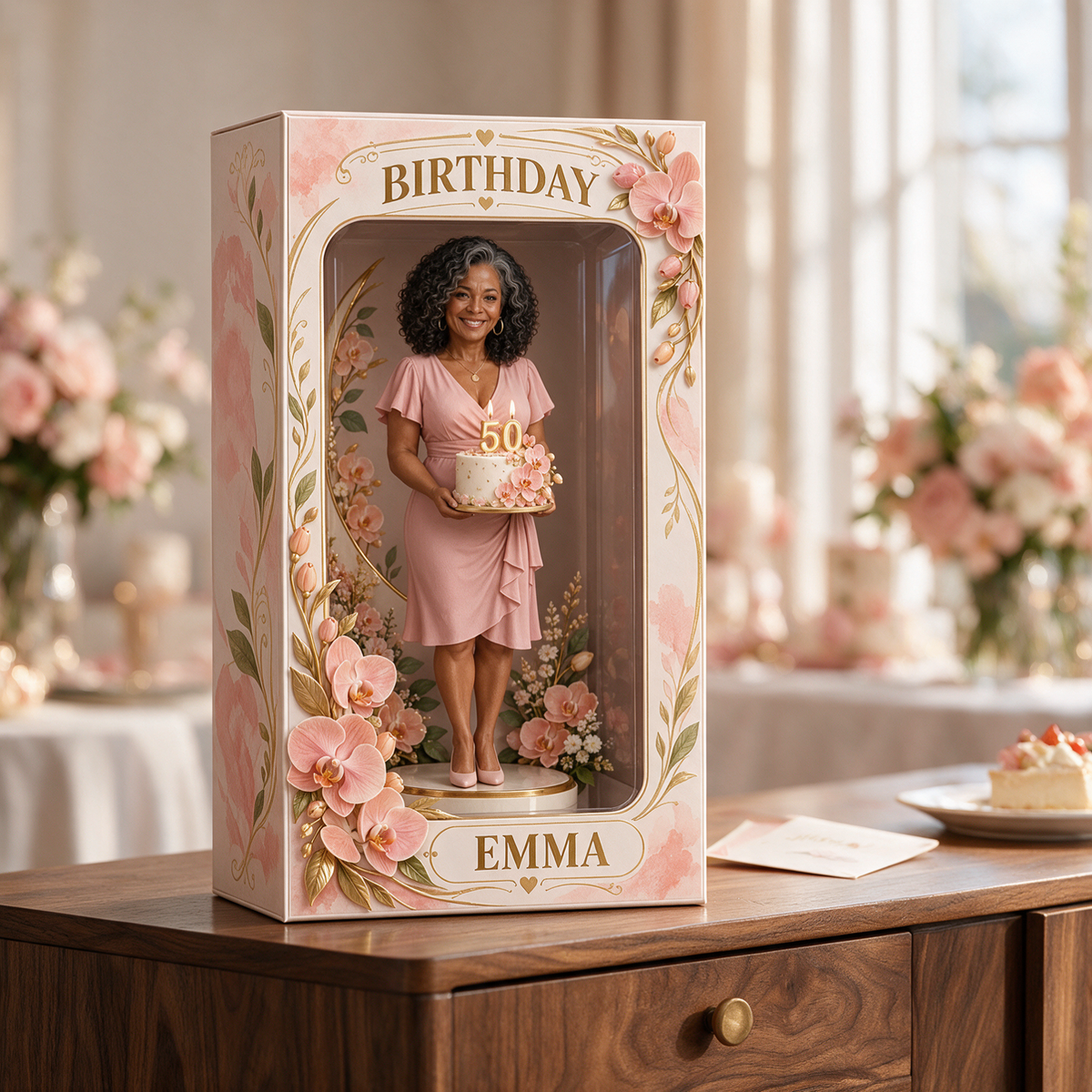 Figurine Personnalisée en Photo Pêche Orchidée dans Boîte Acrylique - Cadeau d'Anniversaire pour Femmes