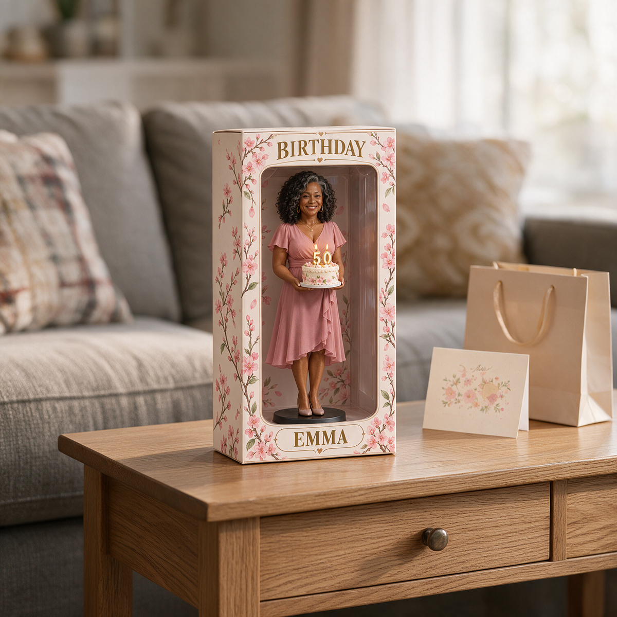 Personalisierte Foto Kirschblüten Figurinen Präsentationsbox - 50. Geburtstagsgeschenk für Frauen