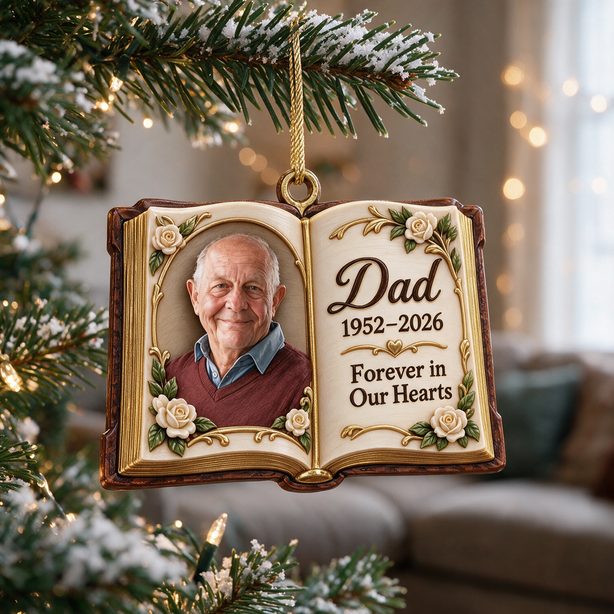 Personalized Custom Photo Dad Memorial Open Book Layered Wood Ornament - Christmas Remembrance Keepsake