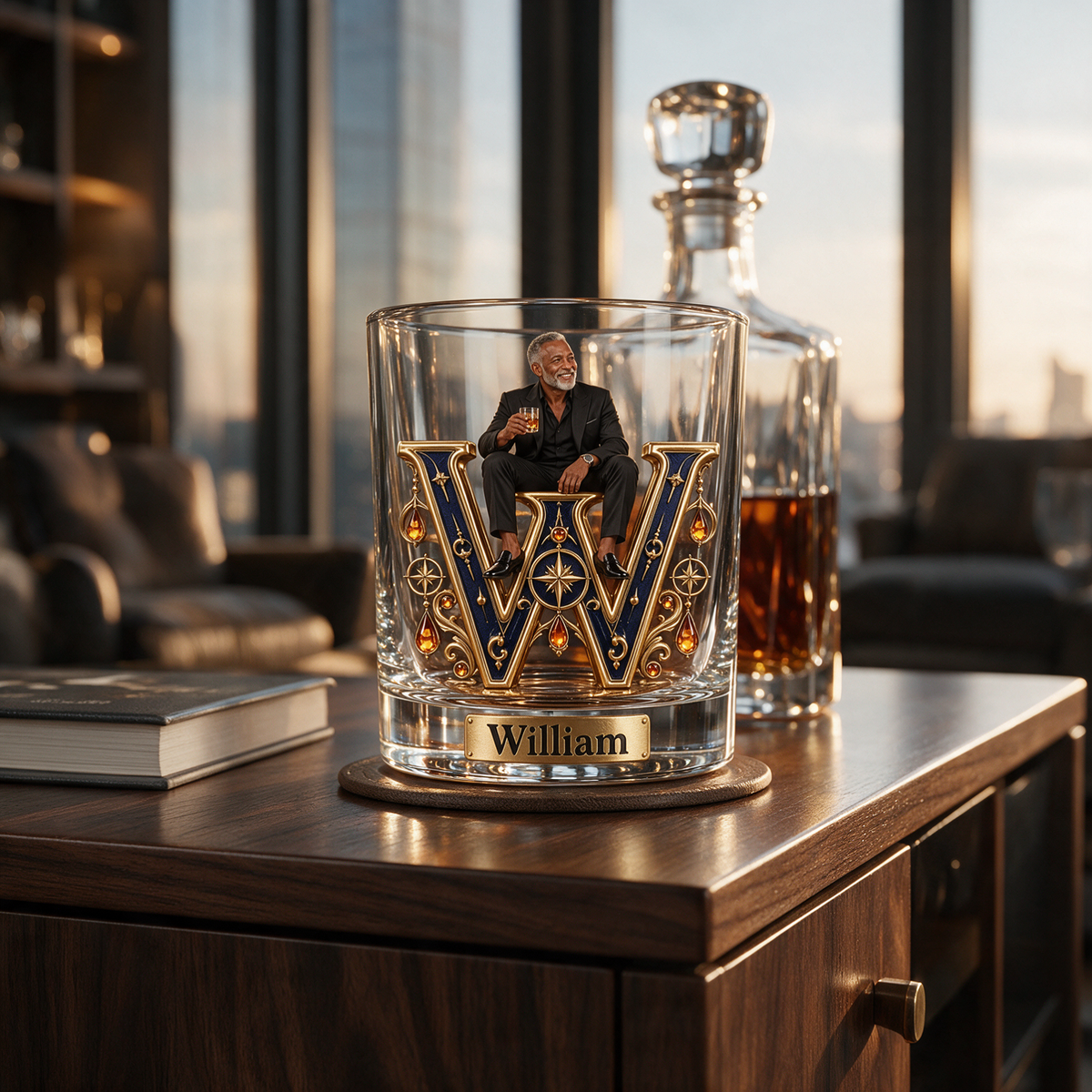 Personalized Custom Photo Celestial Monogram Whiskey Glass - Gift for Older Men Who Love Whiskey