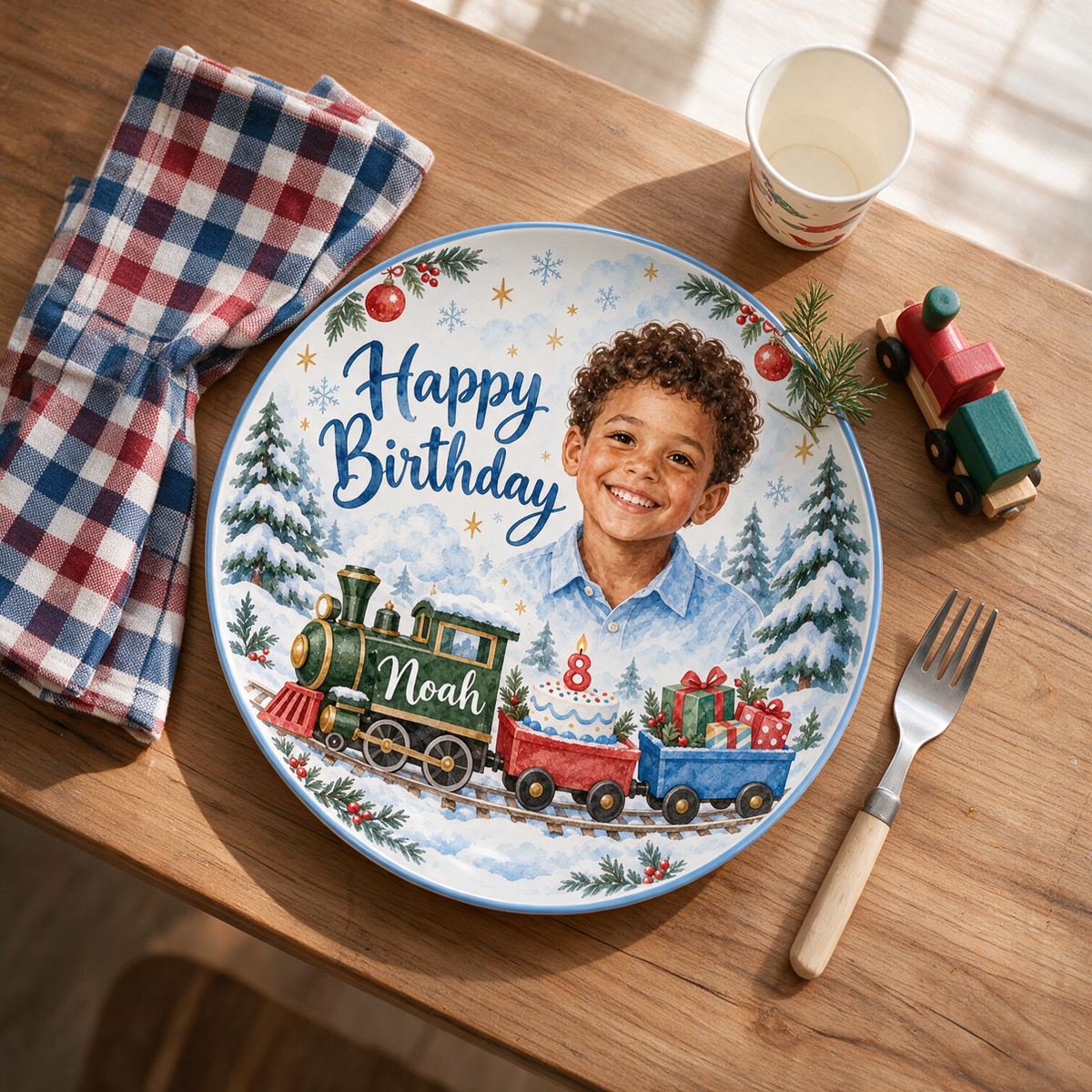 Assiette en céramique de train de Noël personnalisée - Portrait aquarelle d'anniversaire, nom et âge personnalisés
