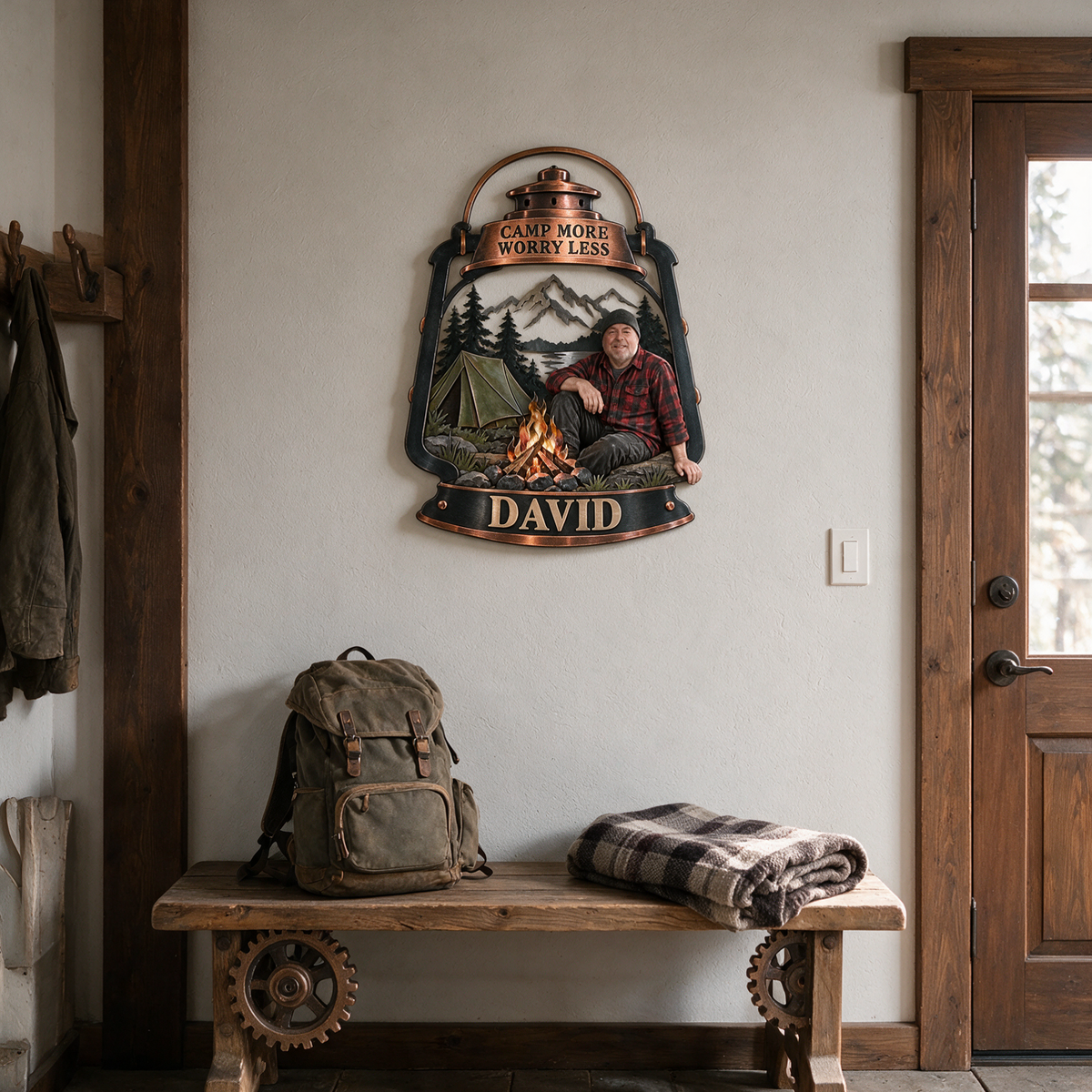 Art mural en métal camping personnalisé - Portrait et nom sur mesure, décoration murale de chalet