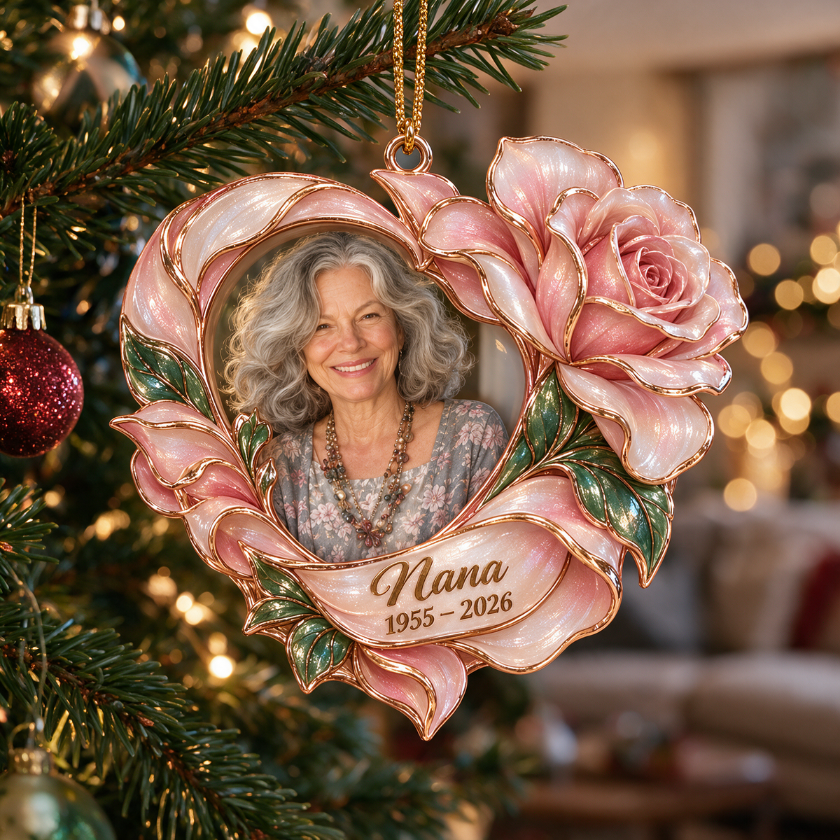 Personalized Custom Photo Rose Heart Memorial Christmas Ornament - In Memory of Grandma