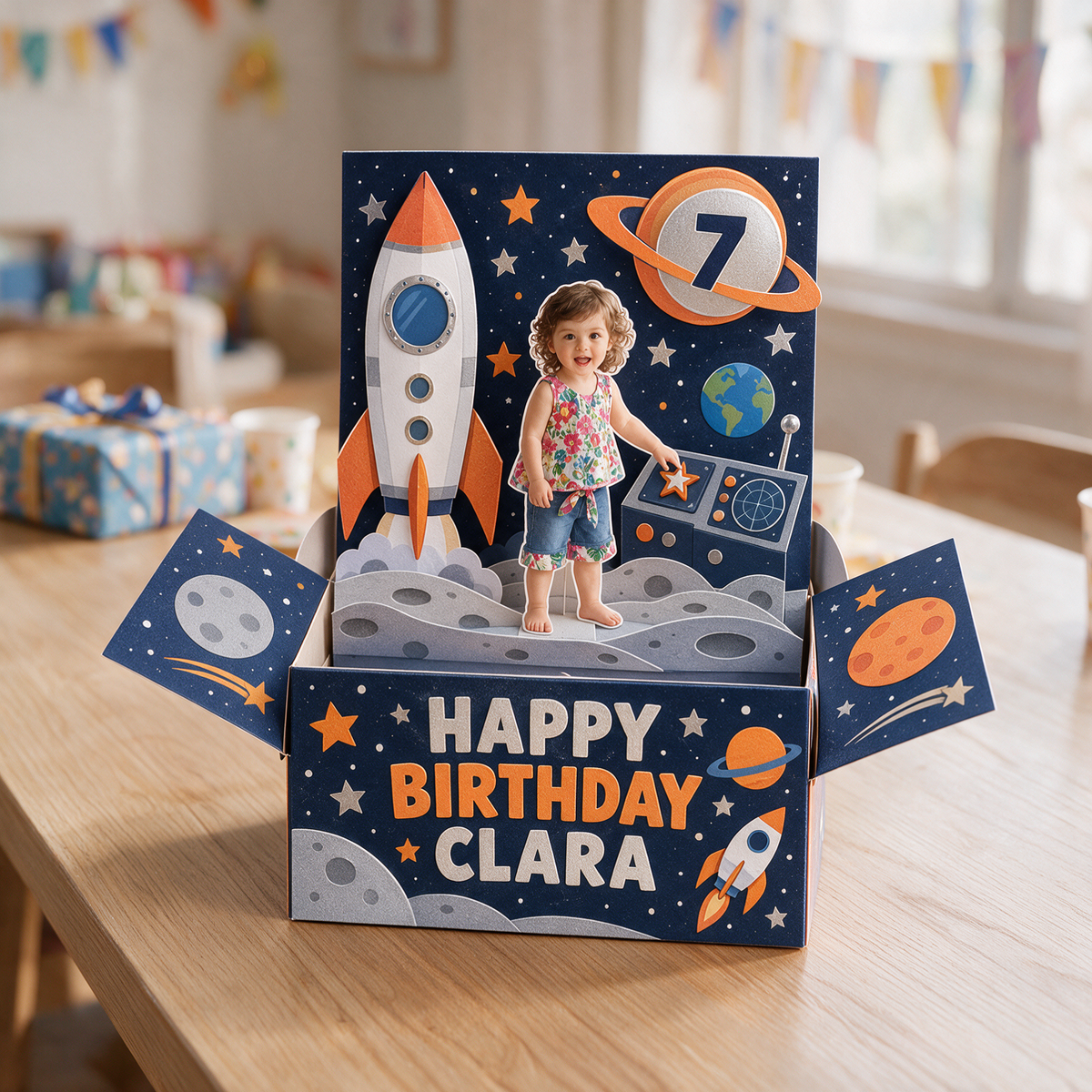 Carte Pop-Up Personnalisée Fusée Spatiale - Cadeau d'Anniversaire avec Photo, Nom et Âge Personnalisés