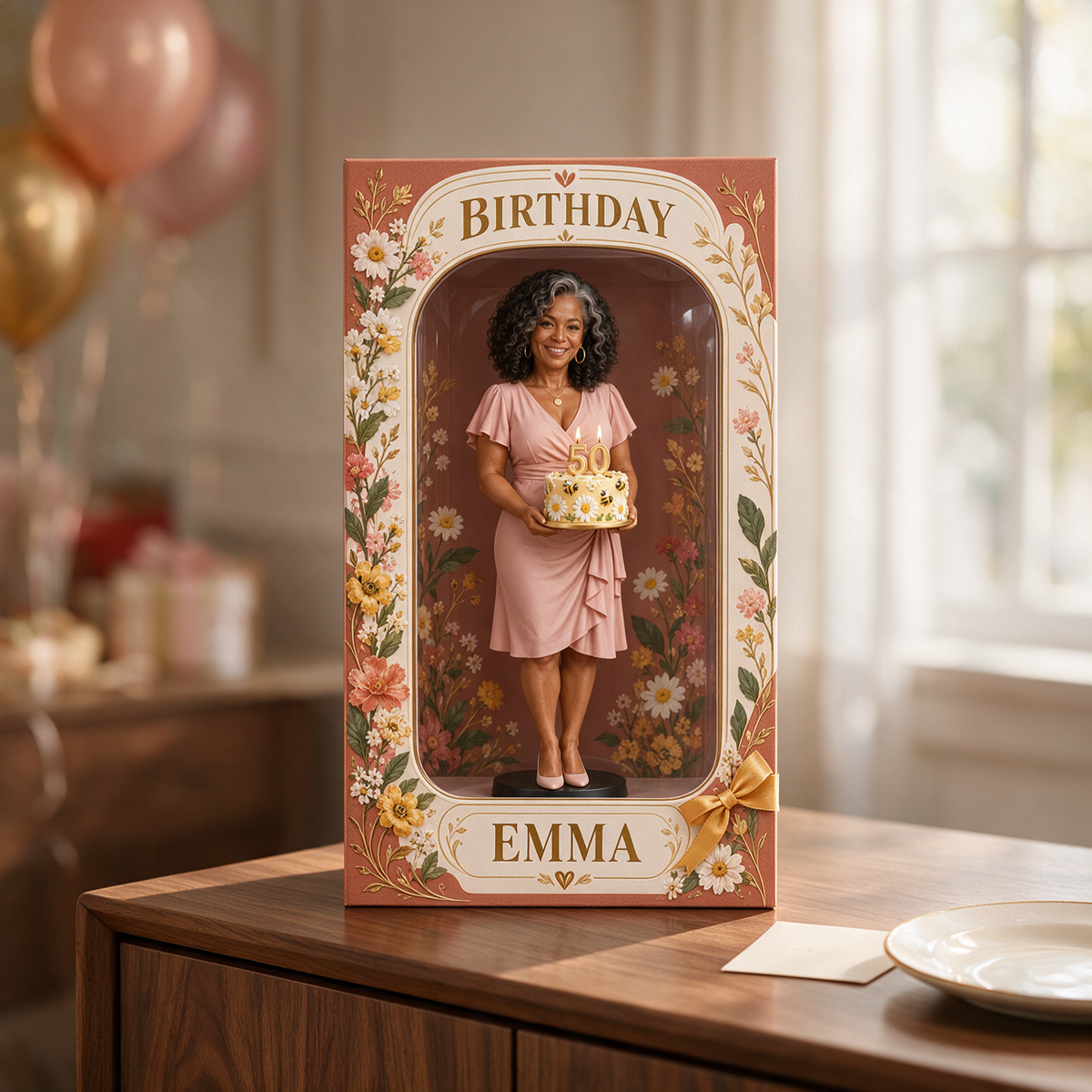 Personalized Custom Photo Wildflower Figurine in Acrylic Display Box - 50th Birthday Gift for Women