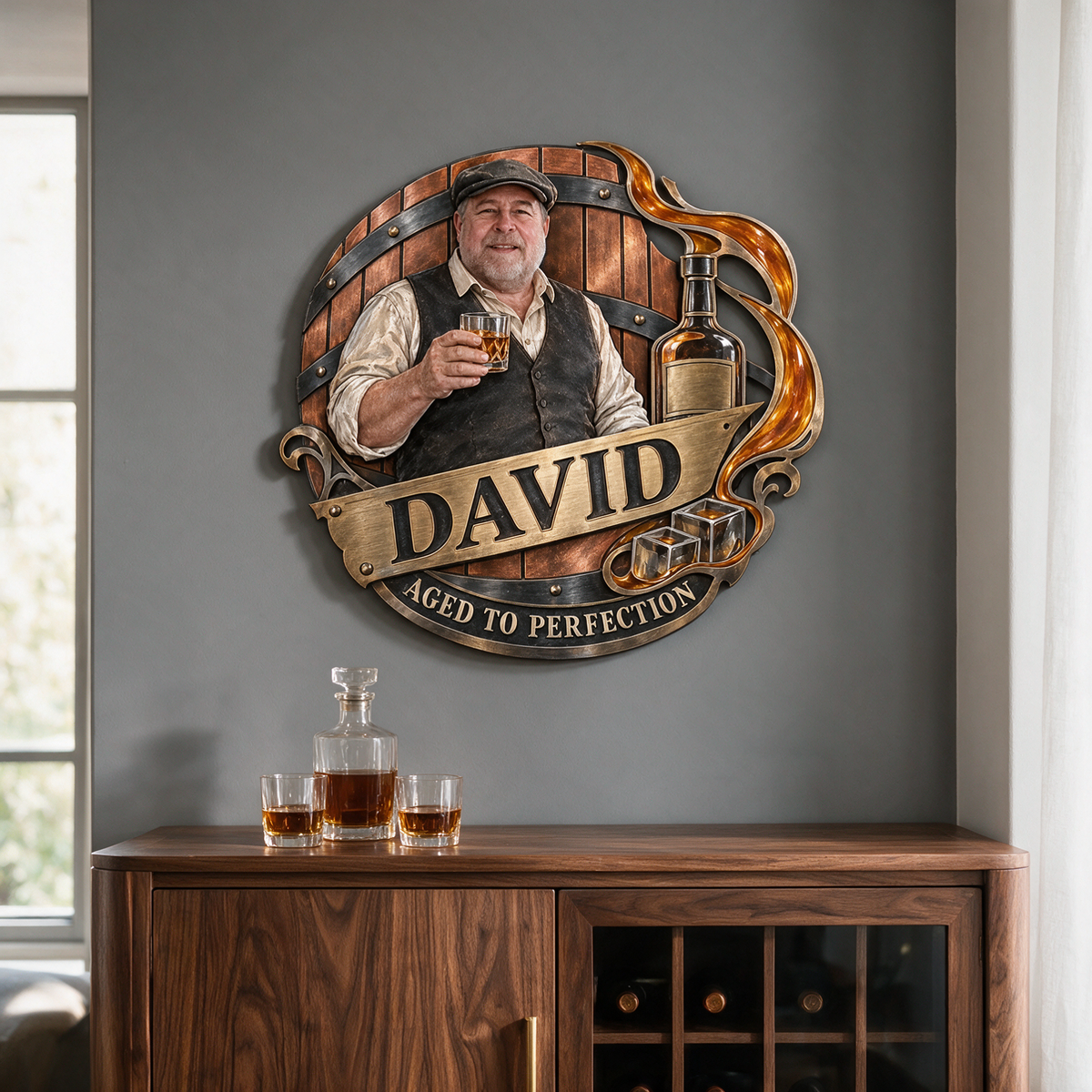 Personalized Whiskey Lover Metal Wall Art - Custom Portrait and Name, Home Bar Decor