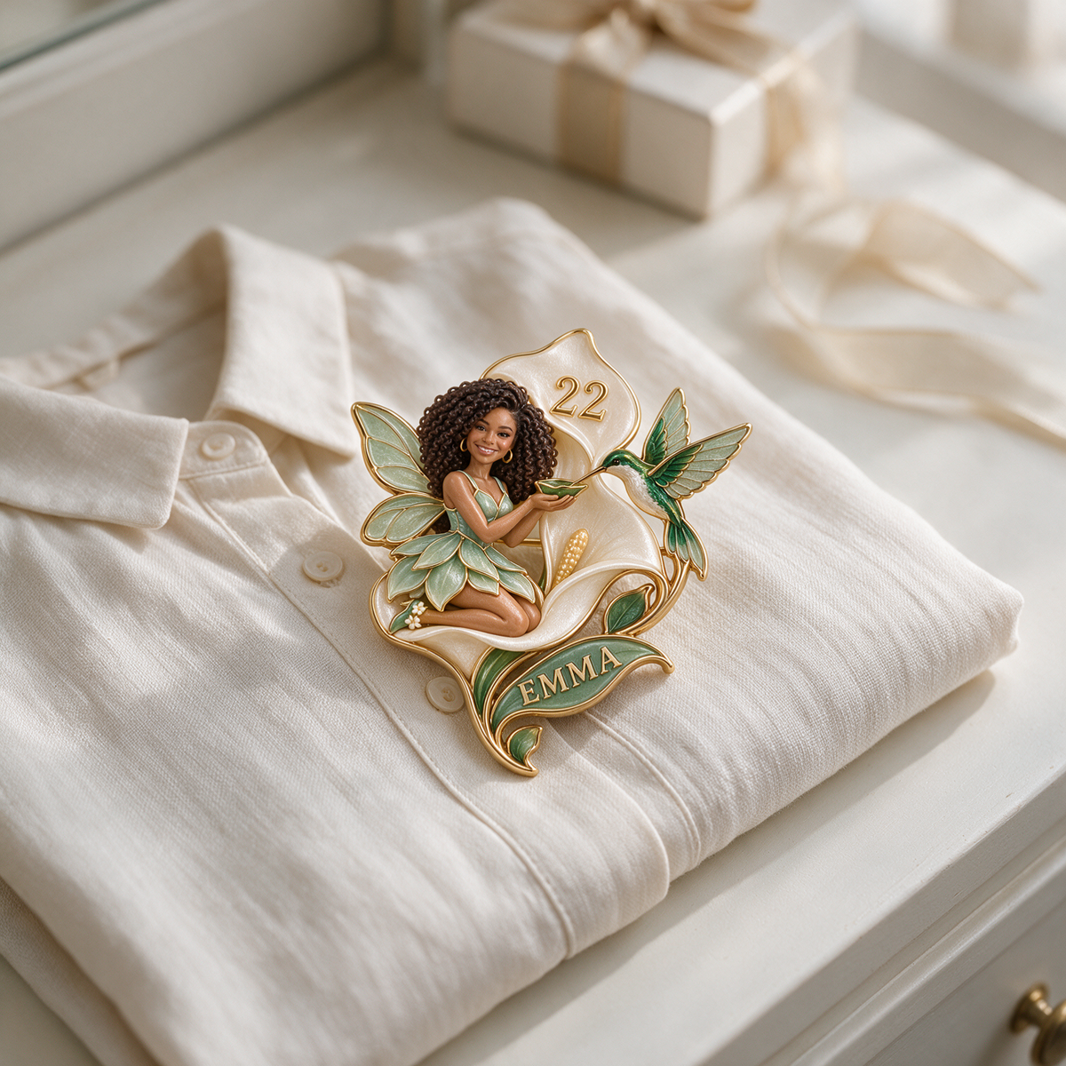 Personalized Birthday Hummingbird Brooch - Fairy Portrait, Calla Lily, Name and Age