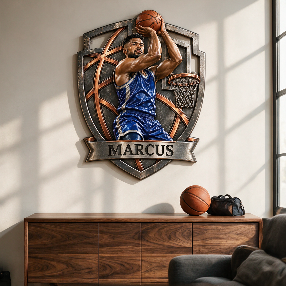 Panneau en métal découpé personnalisé photo de basket 3D - Cadeau pour jeunes hommes