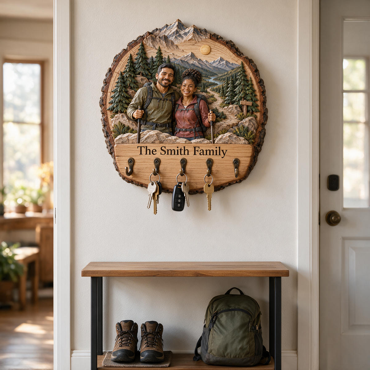 Personalized Hiking Key Rack - Mountain Couple with 5 Hooks