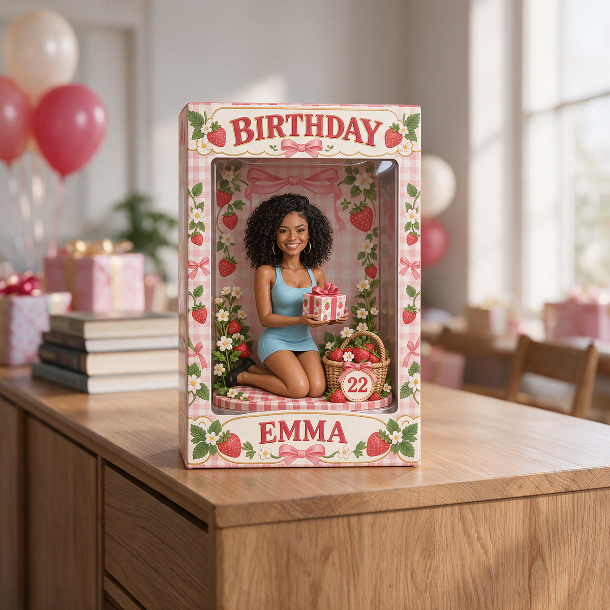 Boîte à fenêtre d'anniversaire personnalisée - Figurine portrait fraise, nom et âge