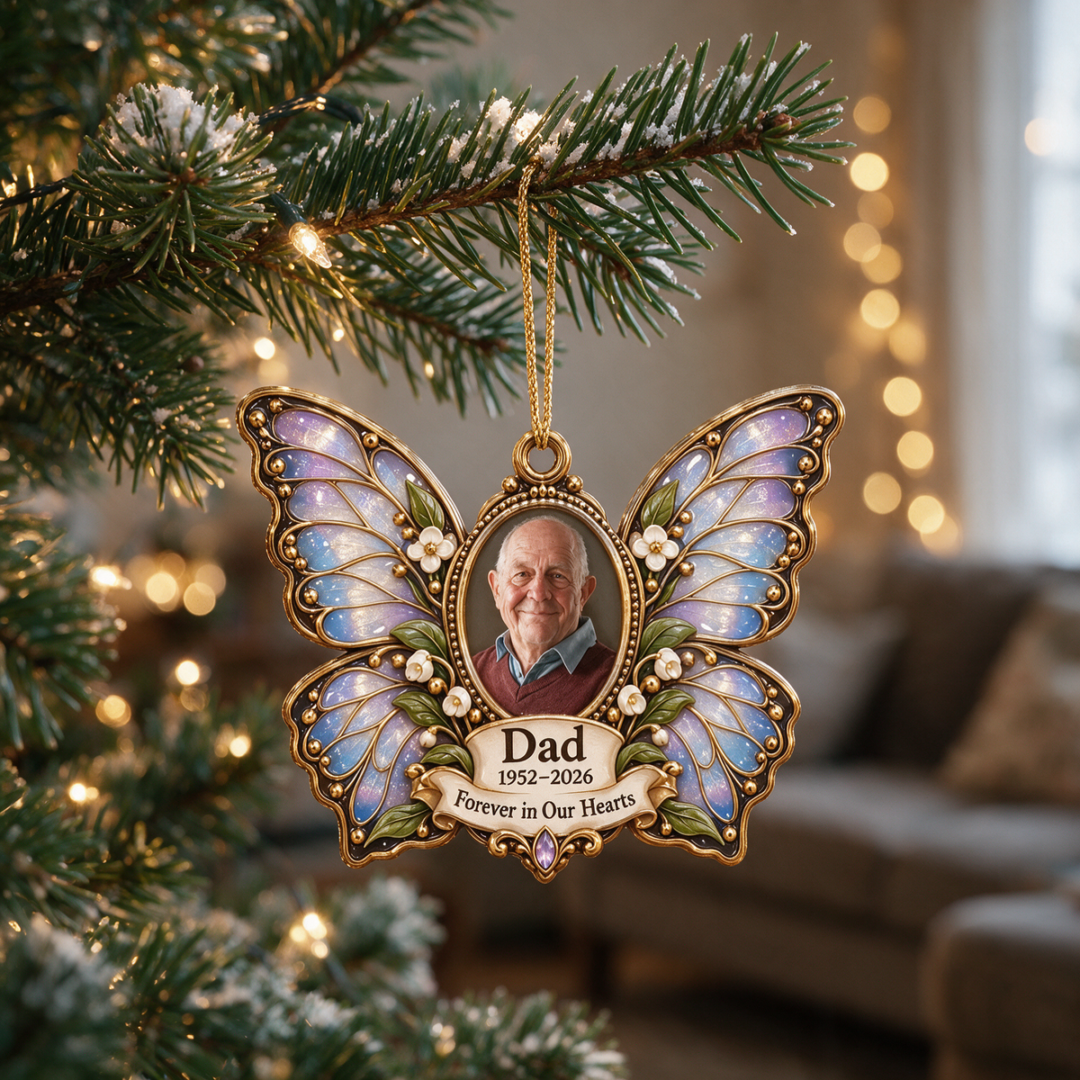 Personalized Custom Photo Dad Memorial Butterfly 3D Ornament - Christmas Remembrance Keepsake