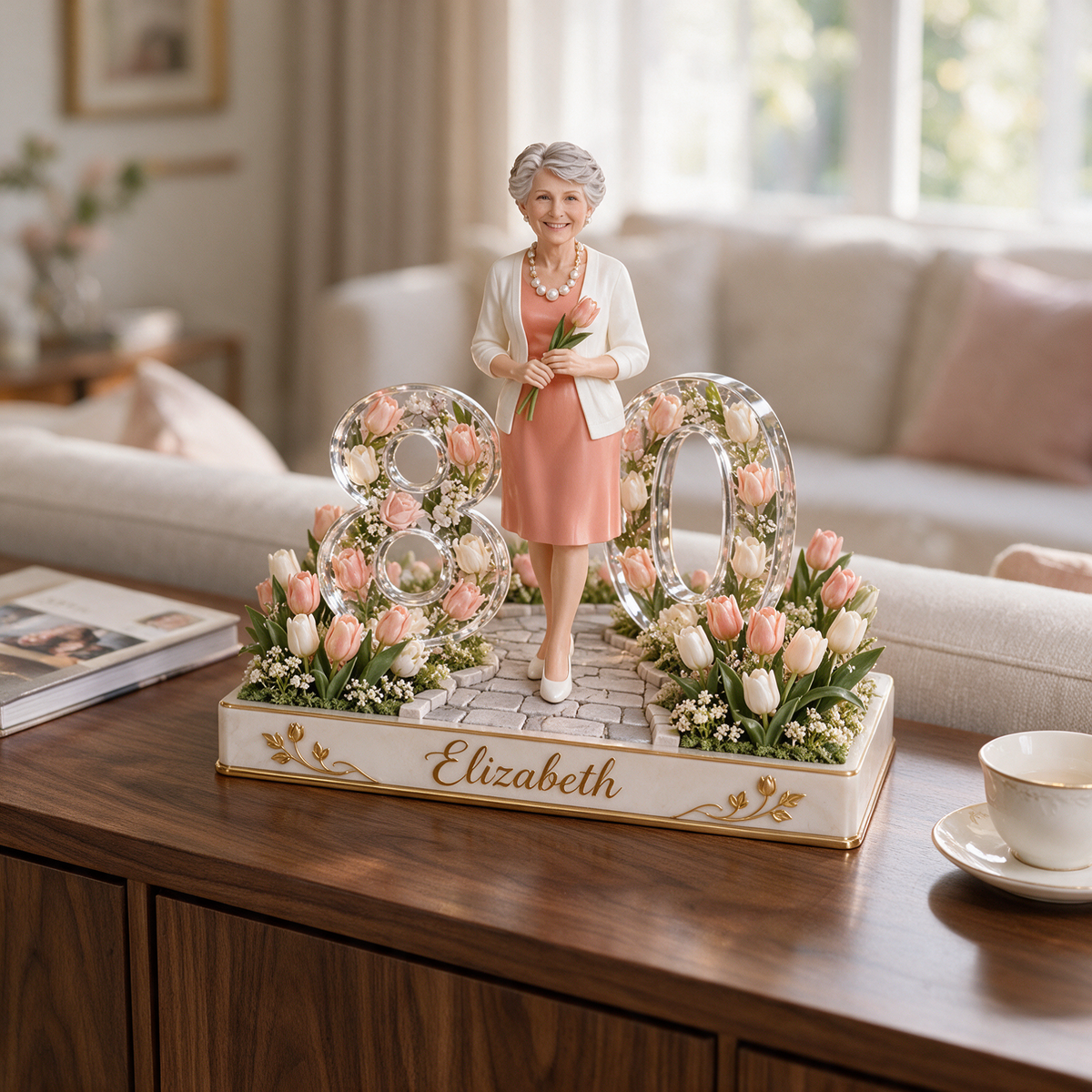 Figurine d'anniversaire personnalisée - Portrait sur mesure, cadeau souvenir jardin de tulipes