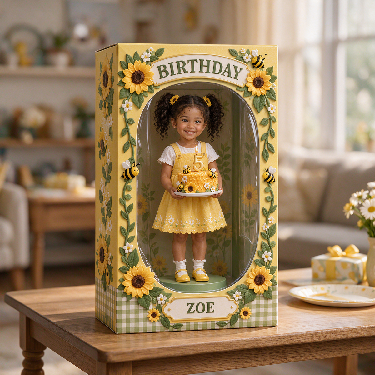 Personalized Custom Photo Sunflower Bee Acrylic Display Box - 5th Birthday Gift for Girls