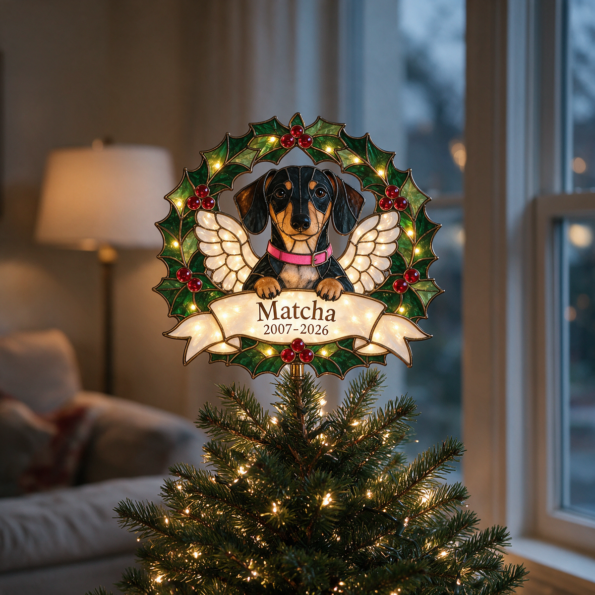Personalisierter beleuchteter Hundegedenk-Christbaumspitze