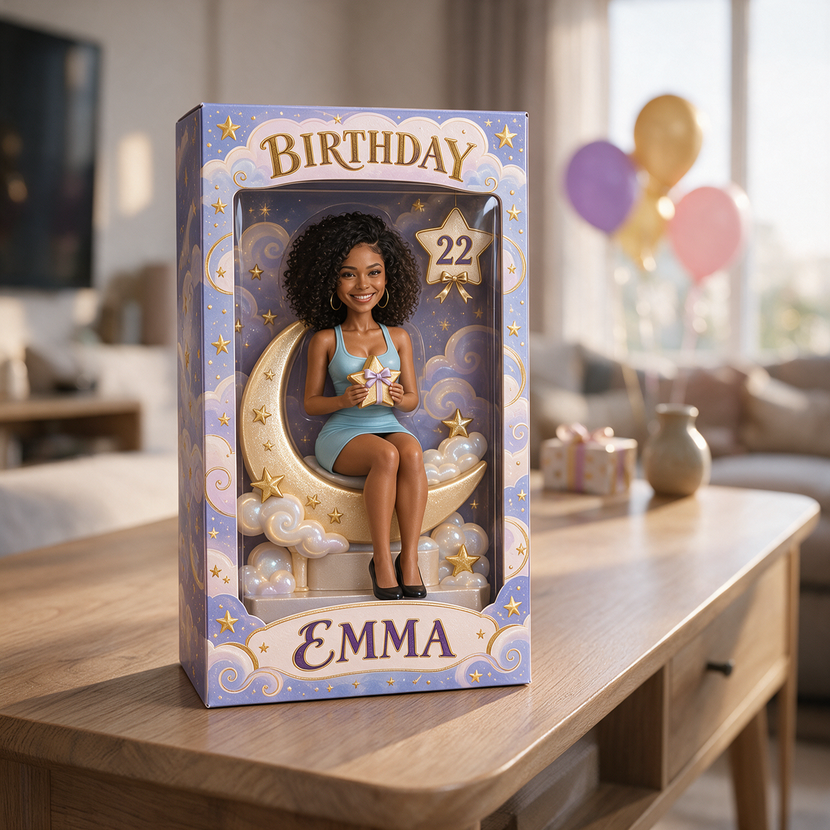 Boîte d'Affichage Personnalisée Lune et Étoiles - Figurine de Portrait d'Anniversaire avec Nom et Âge