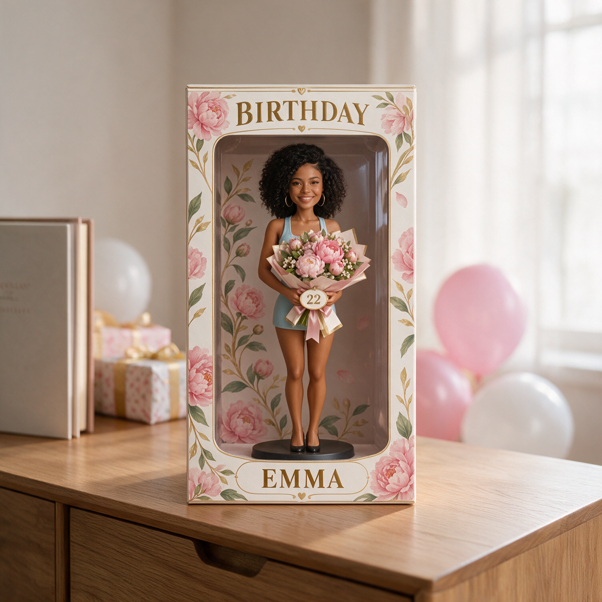 Personalized Birthday Display Box - Portrait Figurine, Bee Cake, Name and Age