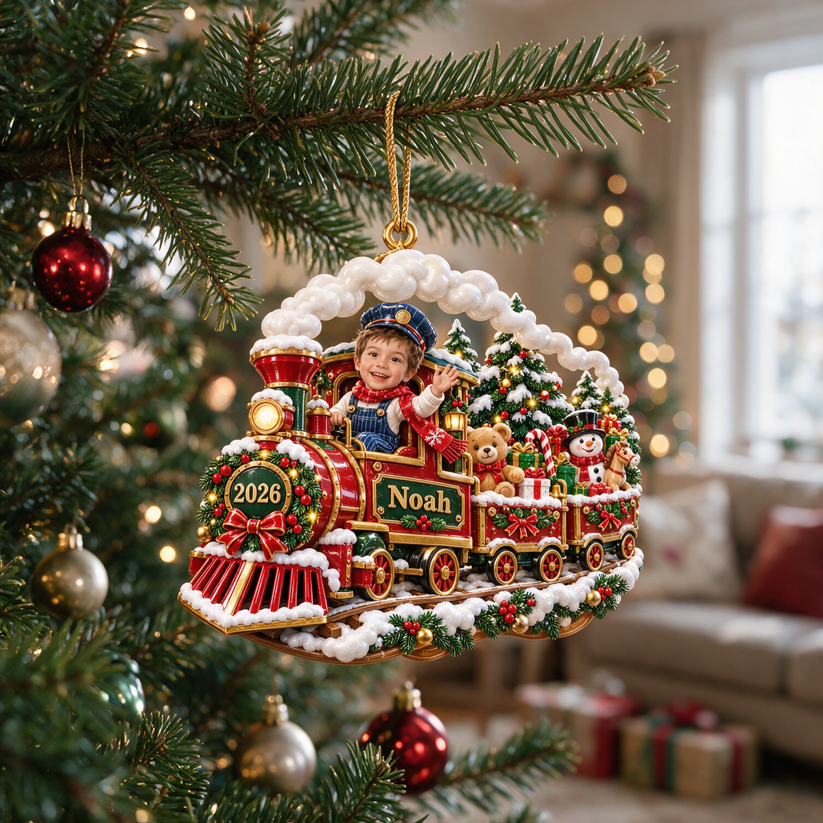 Personalized Custom Photo Train 3D Ornament - 2026 Christmas Gift for Boys