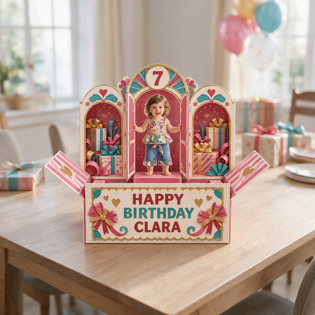 Carte Pop Up d'Anniversaire Personnalisée - Fenêtres Arrondies avec Photo, Nom et Âge Personnalisés