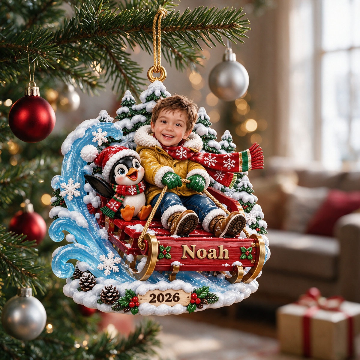 Personalized Custom Photo Sledding 3D Ornament - 2026 Christmas Gift for Boys