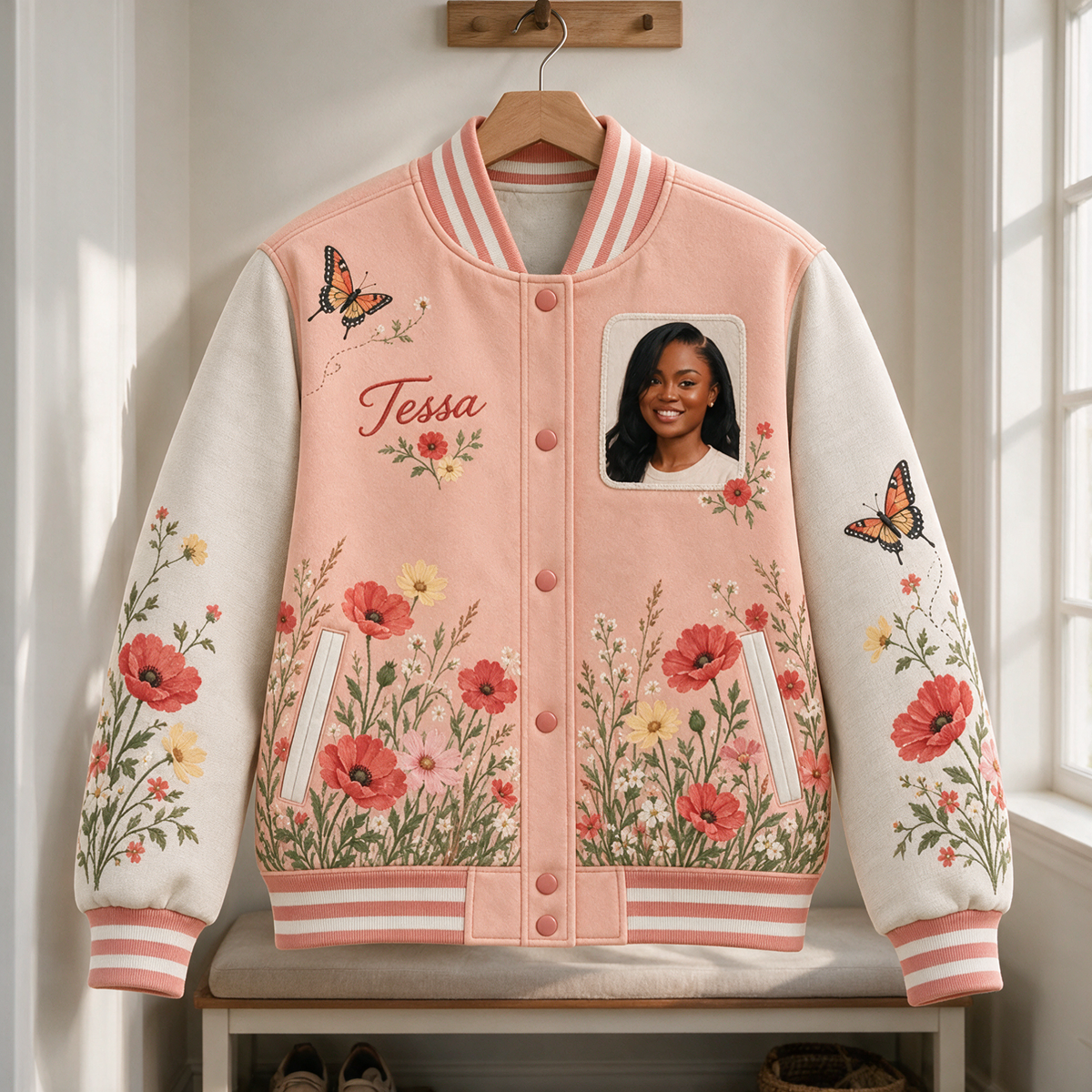Personalisierte Poppy Meadow Varsity Jacke - Damen Foto und Name Botanisches Design