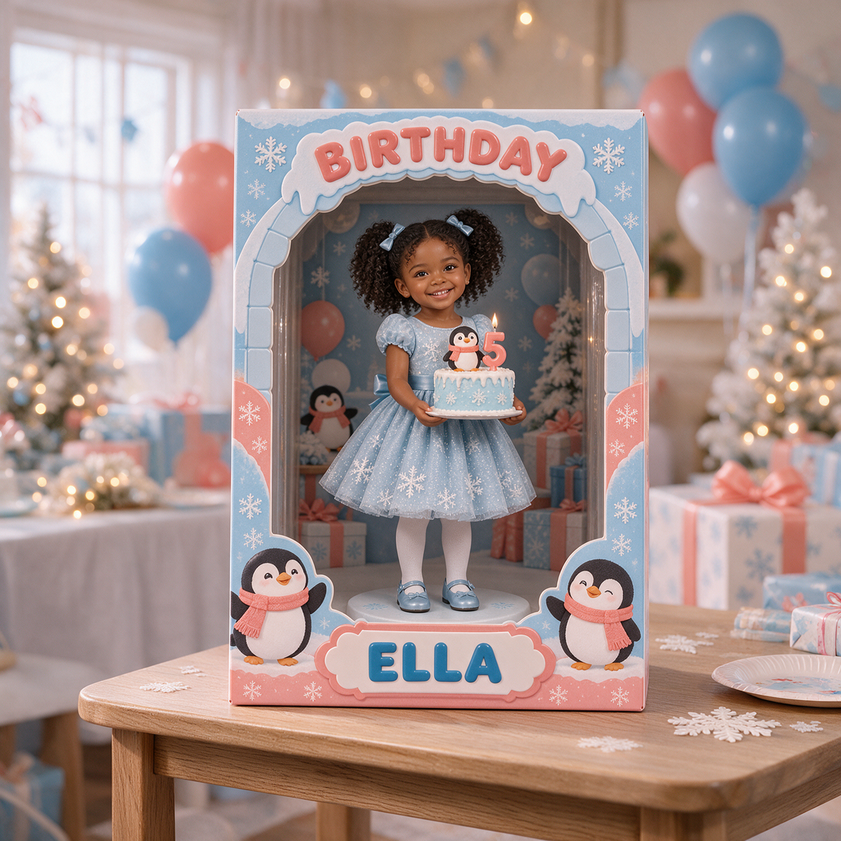 Personalisierte Acryl-Displaybox mit Foto-Pinguin - 5. Geburtstag Geschenk für Mädchen