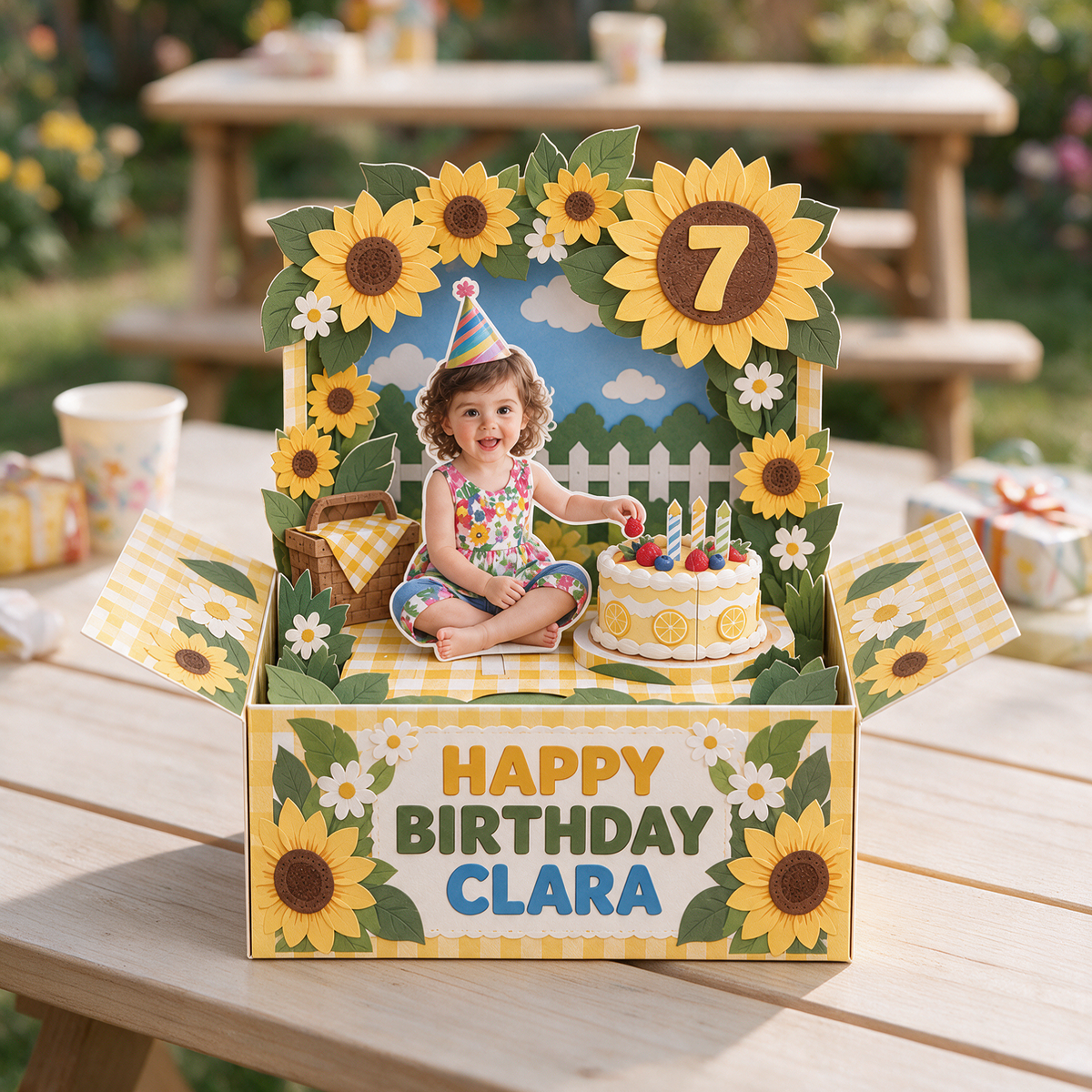 Carte Pop-Up Personnalisée Tournesol - Gâteau d'Anniversaire avec Photo, Nom et Âge