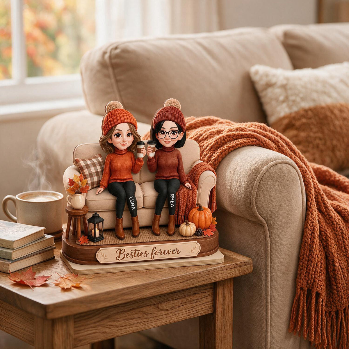 Personalized Fall Besties Forever On Sofa Wooden Plaque, BFF Friendship Gift