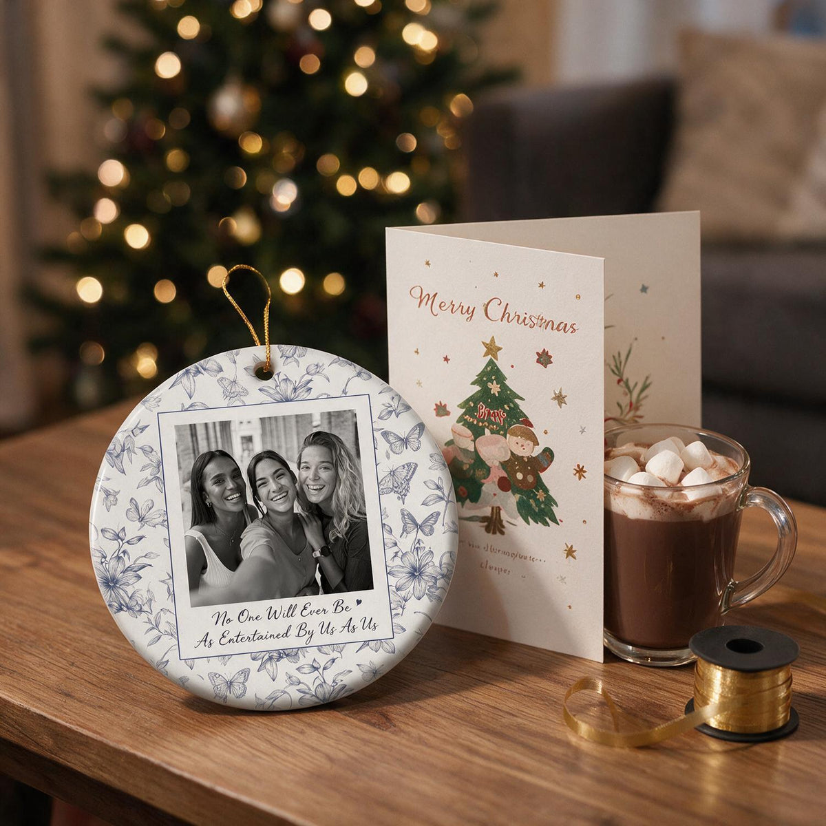 Ornement de Noël Photo Personnalisé Meilleurs Amis - Papillon Floral Bleu