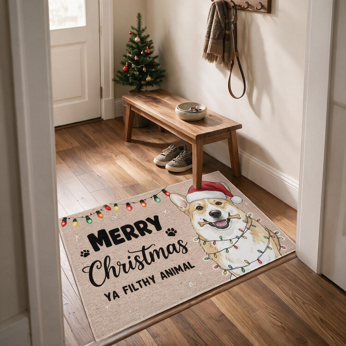 Benutzerdefinierte Foto-Weihnachtsmatte mit lächelndem Corgi und Weihnachtsmann-Hut, Frohe Weihnachten, ihr dreckigen Tiere
